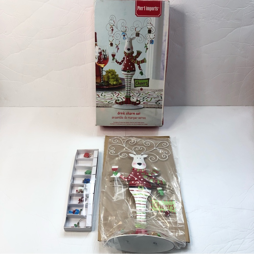 Pier One Imports Drink Charm Set Reindeer Wine 8 Charms Christmas New